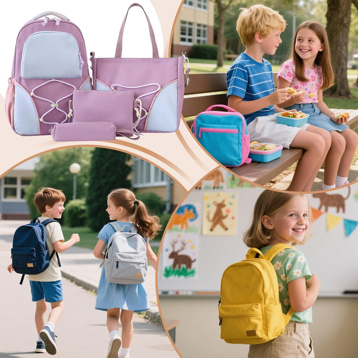 Nivora school backpack set, showing matching pencil case and two additional bags