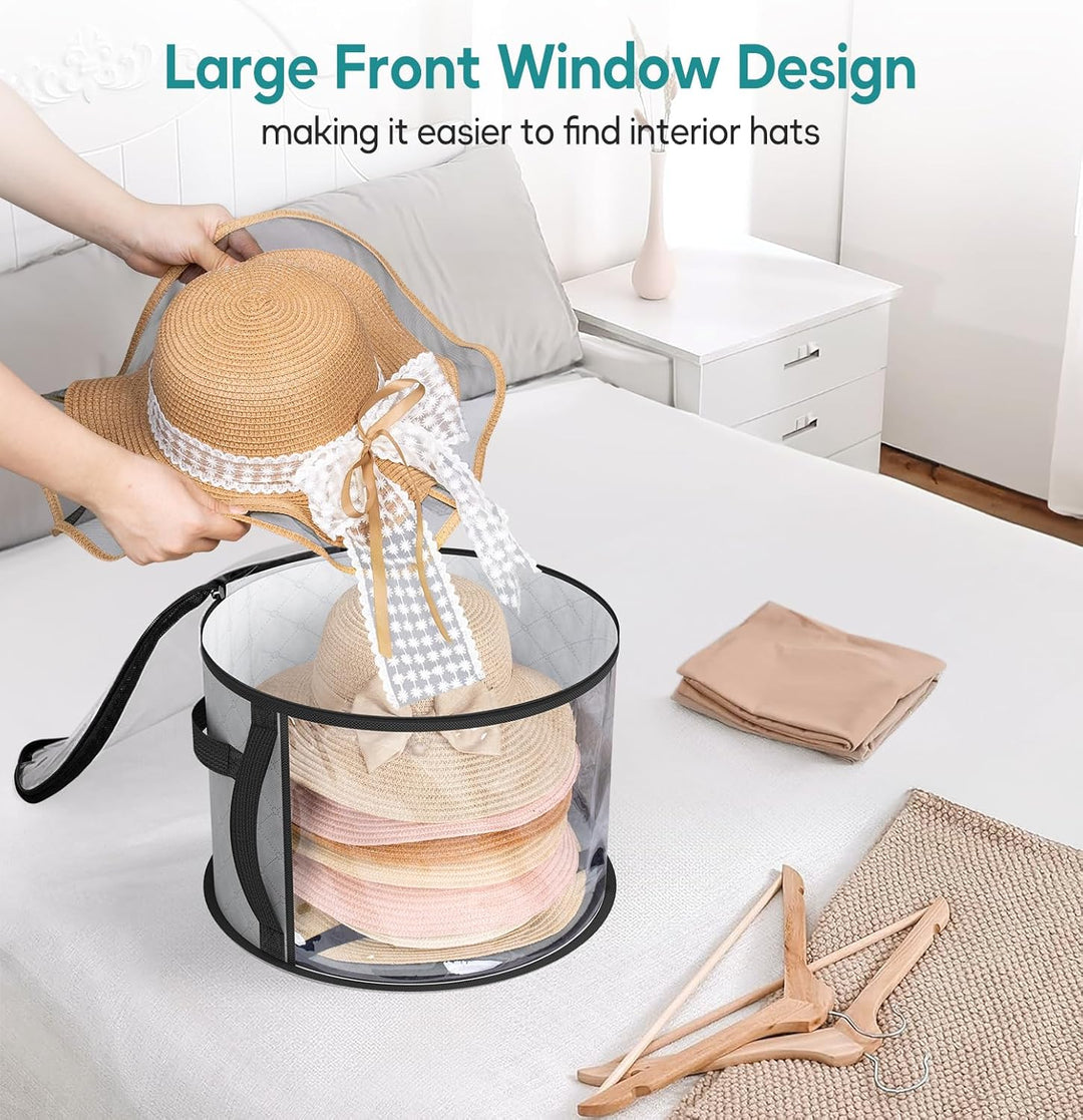 Clear hat case for wide-brim hats with sturdy handles, designed for efficient home organization.