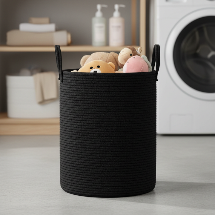 Large cotton rope storage basket in a living room, perfect for home organization & toy storage