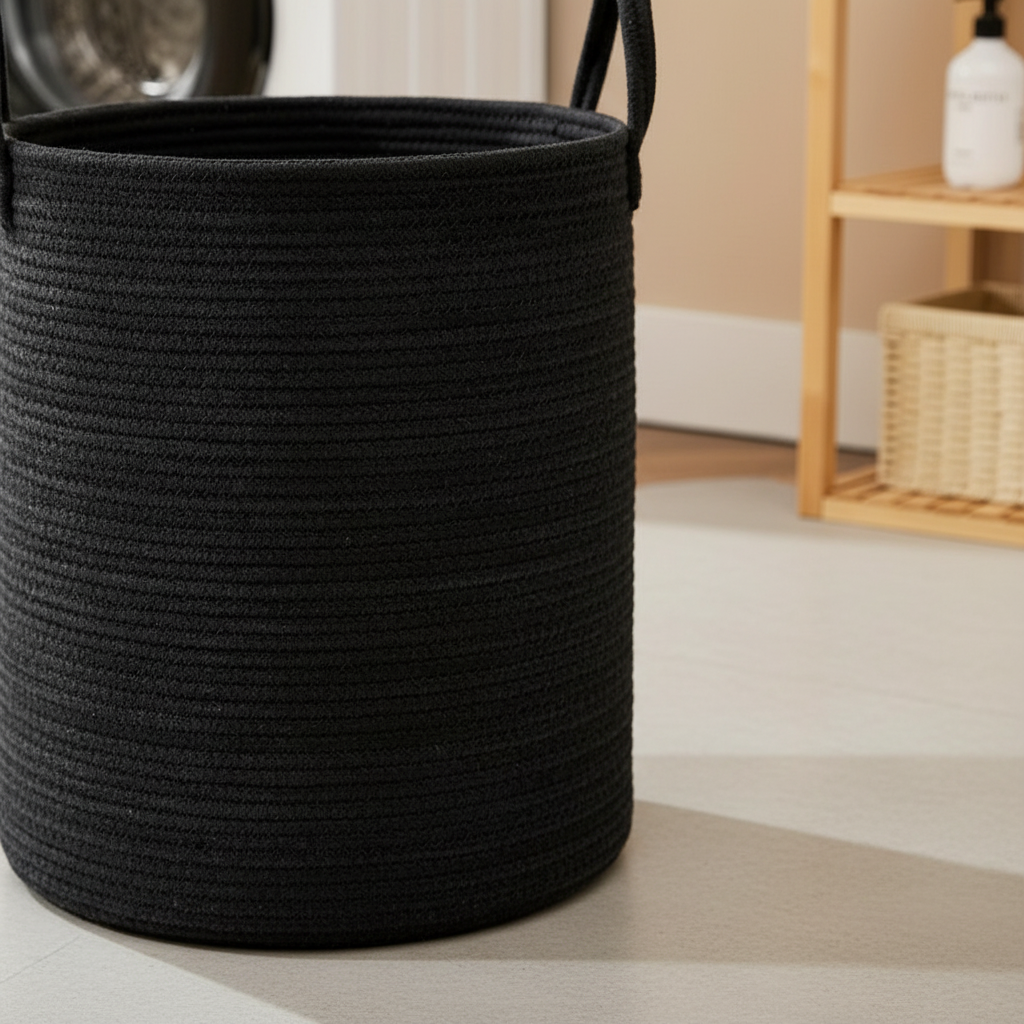 Close-up of a textured cotton rope storage basket, highlighting its quality for home organization