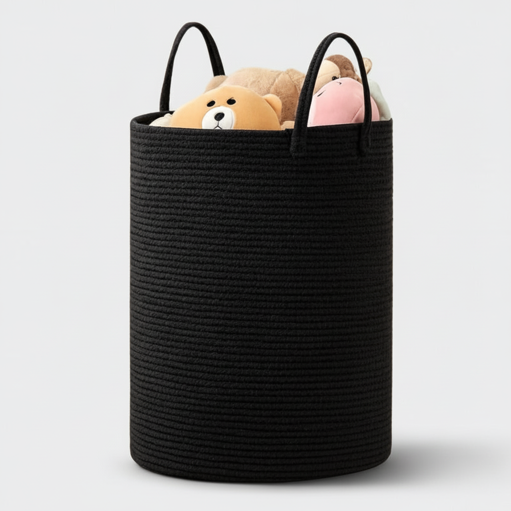 Spacious cotton rope basket filled with blankets, demonstrating its large volume & bedroom decor use