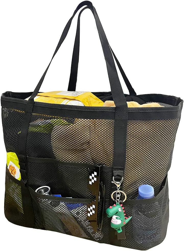Large foldable mesh beach tote bag with 9 pockets, perfect for family pool days & travel essentials.