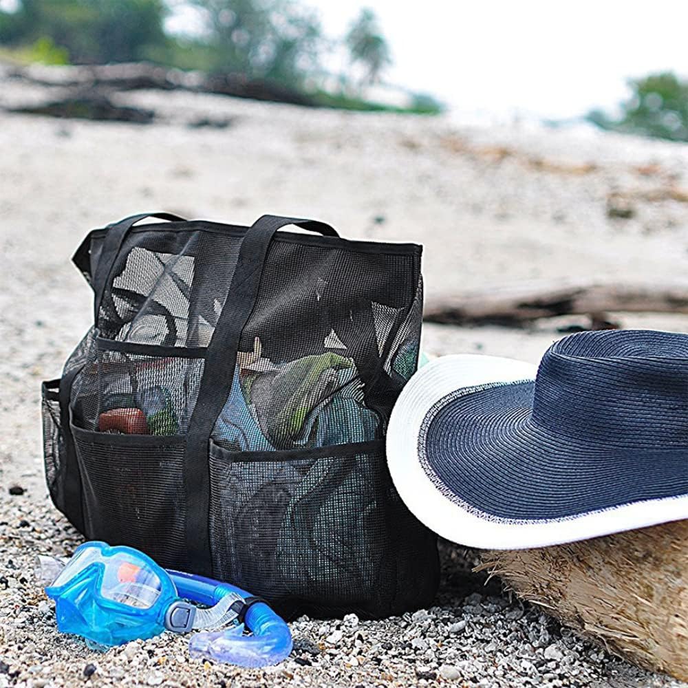 Spacious, foldable mesh carryall tote for beach, pool, travel, and outdoor family adventures with 9 pockets.