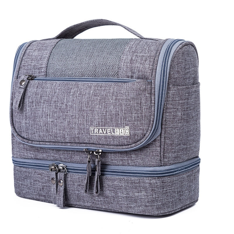 Large hanging toiletry bag with multiple compartments, ideal for travel organization and bathroom storage