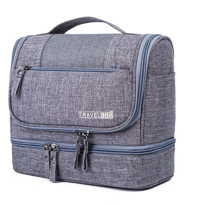 Large hanging toiletry bag with multiple compartments, ideal for travel organization and bathroom storage