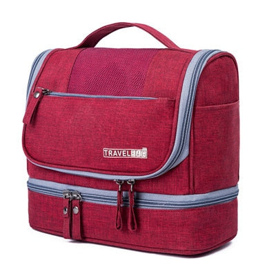 Travel kit, multi-compartment cosmetic bag, showcasing its ability to hold many items