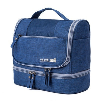 Folded unisex toiletry bag, demonstrating its compact size for easy packing in luggage