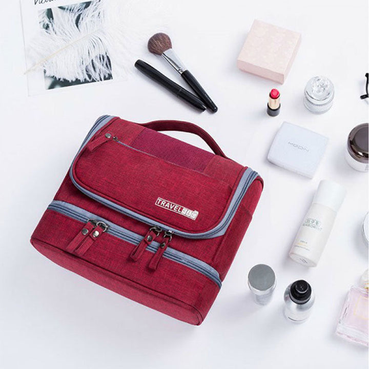 Hanging toiletry bag's strong metal hook, ready for use in hotels or on camping trips
