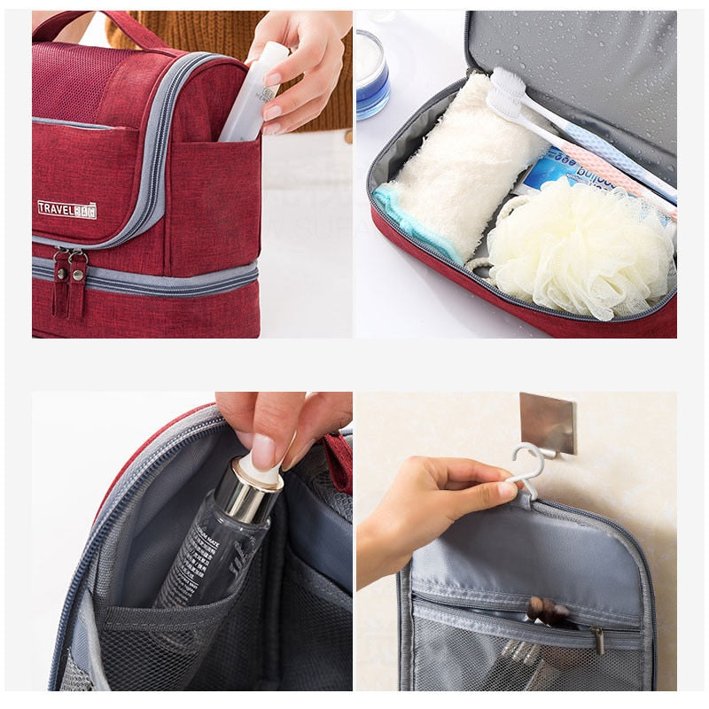 Durable, waterproof large capacity toiletry bag for travel. Features multiple pockets & hanging design.