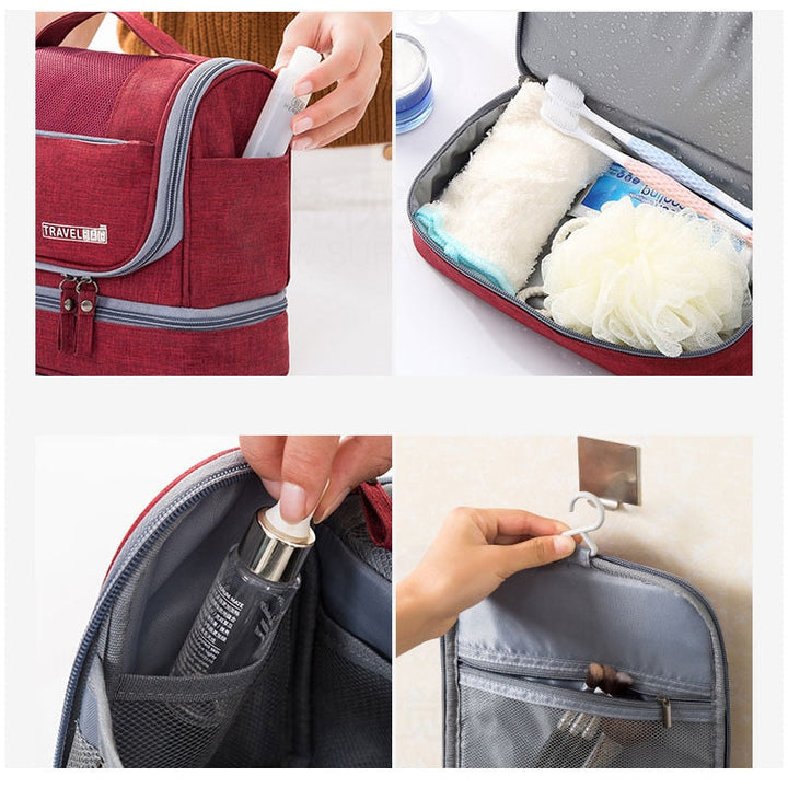 Durable, waterproof large capacity toiletry bag for travel. Features multiple pockets & hanging design.
