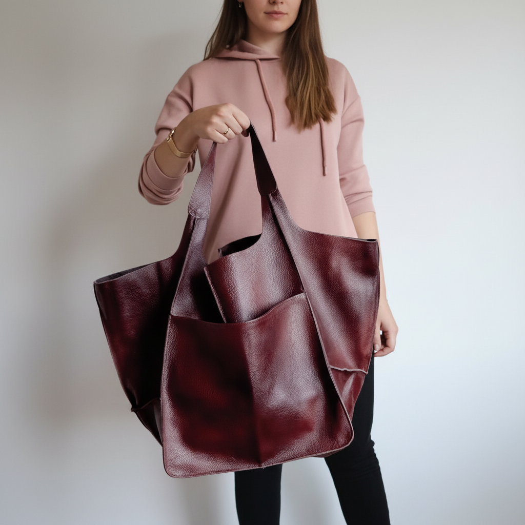 Cruelty-free large vegan leather bag for women, featuring a comfortable shoulder strap