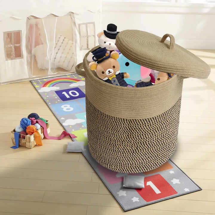 60L woven cotton storage basket with lid, ideal for laundry or blanket storage