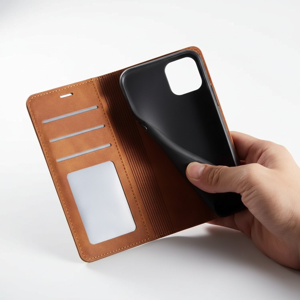 Brown leather flip case, LeatherFolio, for iPhone with integrated card holder, open view