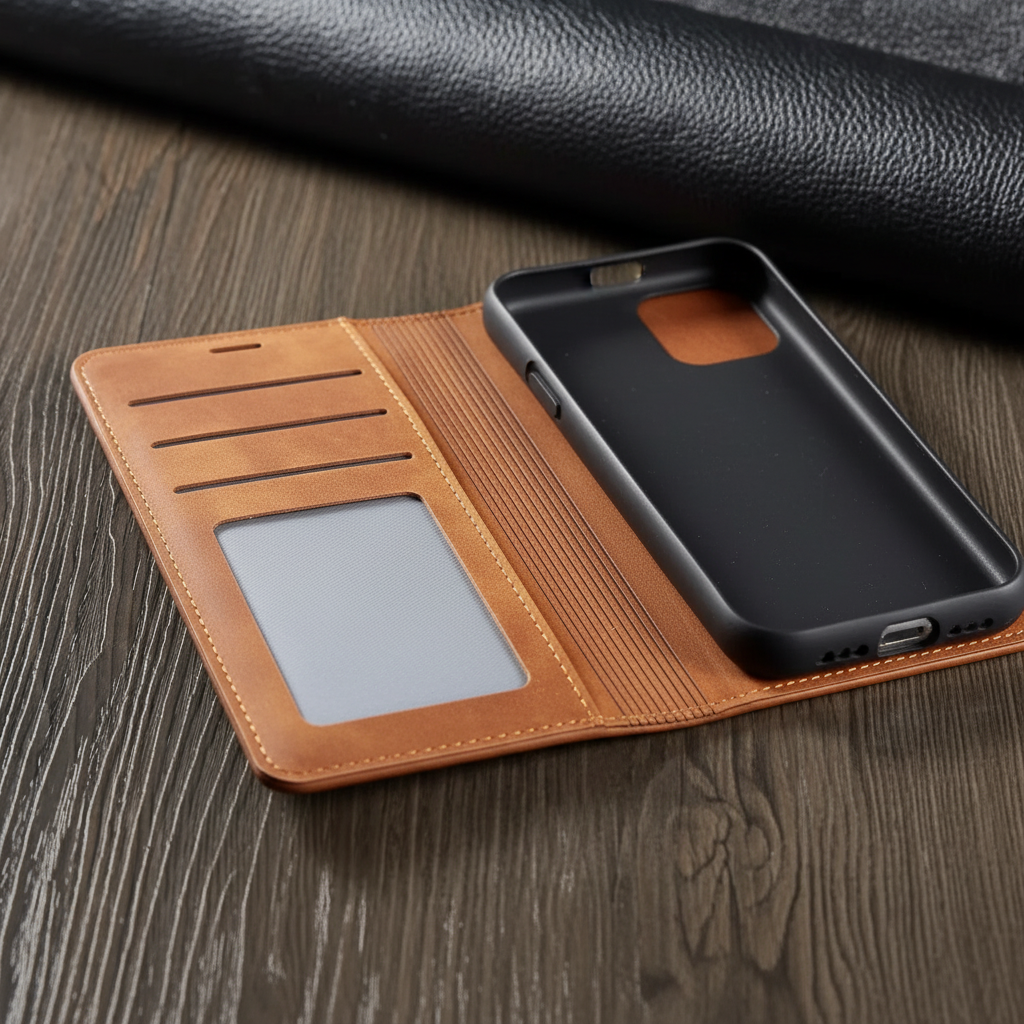 Unisex protective leather flip case for iPhone, rich brown, with multiple card slots visible