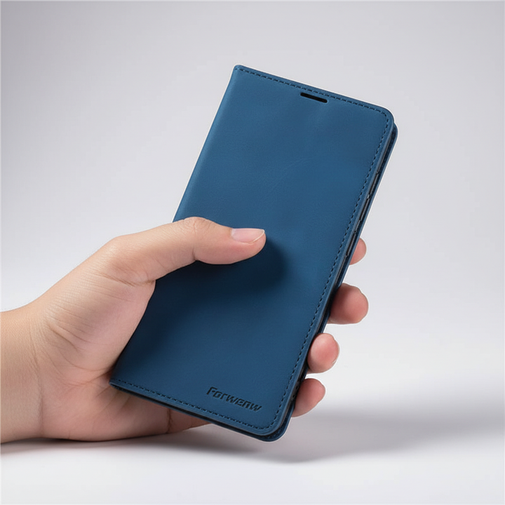 Detail of card slot in premium leather flip cover for iPhone, accessible and secure