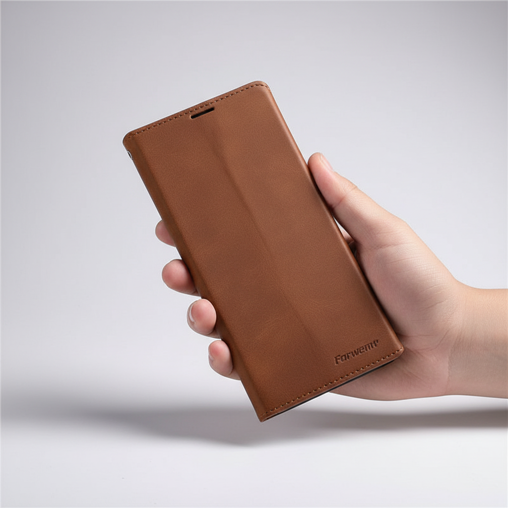 Unisex LeatherFolio flip case in tan leather, offering robust protection and card storage for iPhone