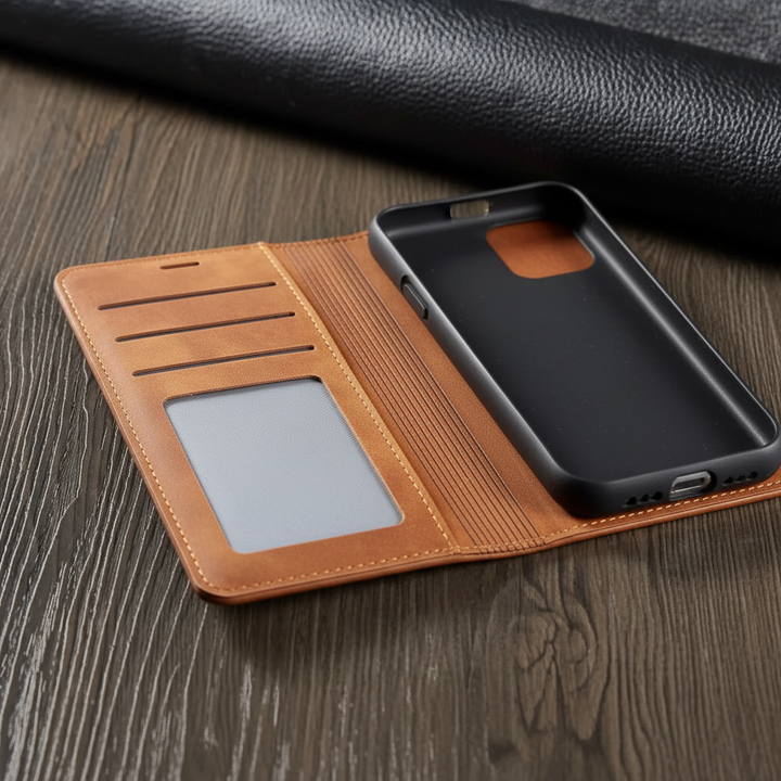 Premium black leather flip cover for iPhone offering protection and card storage