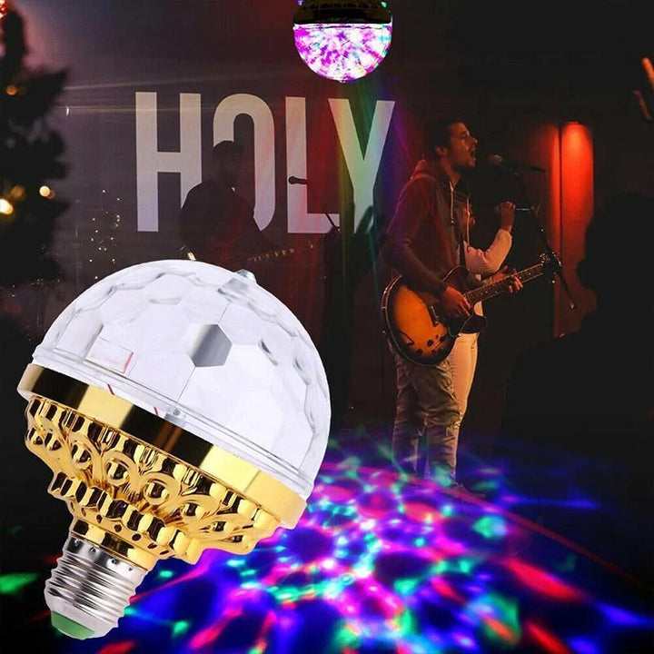 Automatic rotating LED disco party lamp, PartyGlow Spin. Bright multicolor light for clubs, stages, & home events.