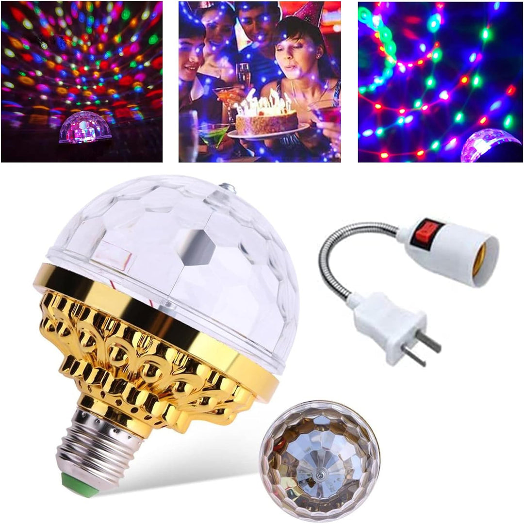 Bright LED disco light, PartyGlow Spin, for fun parties & home decor. Automatic rotating multicolor stage lamp.