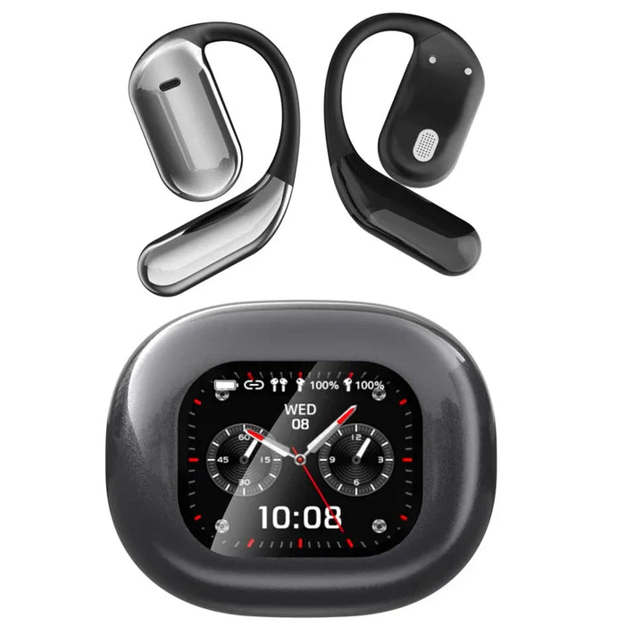 Portable real-time language translator earbuds with an intuitive LCD touch screen for global adventurers.