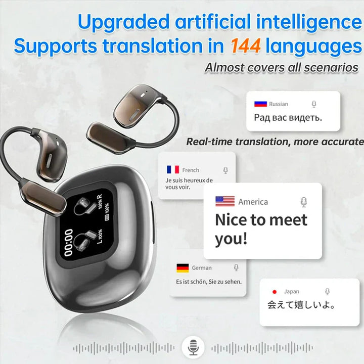 Wireless Lexora translation earbuds: a modern tech gadget for clear, real-time cross-cultural communication.