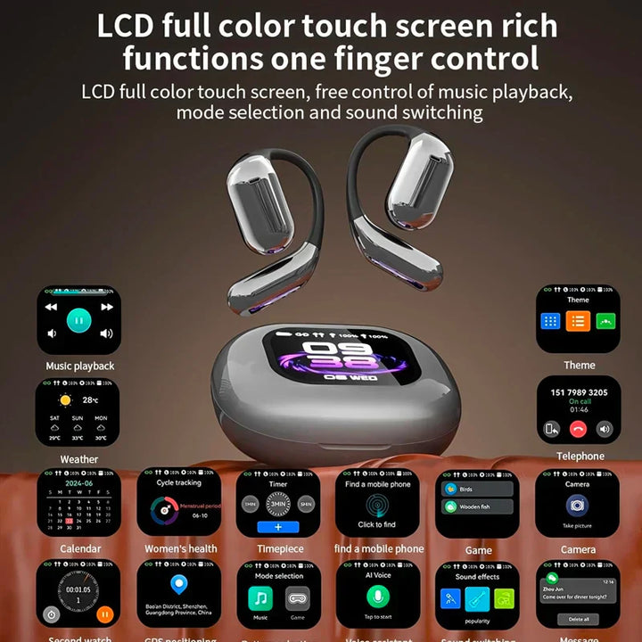 Lexora smart earbuds with LCD display, offering real-time language translation for travel & business meetings.
