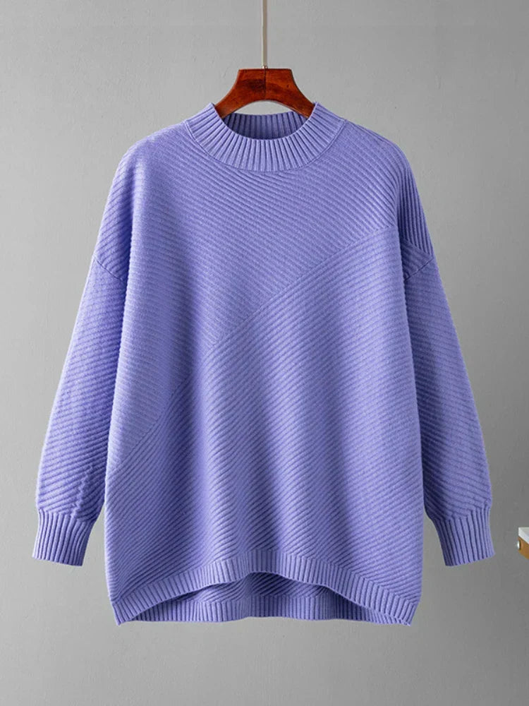 Purple classic ribbed knit women's sweater. Round neck, versatile and comfortable for everyday fashion.