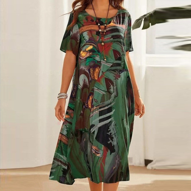 Elegant & versatile women's loose fit midi summer dress for effortless day wear. Ideal for casual outings & vacations.