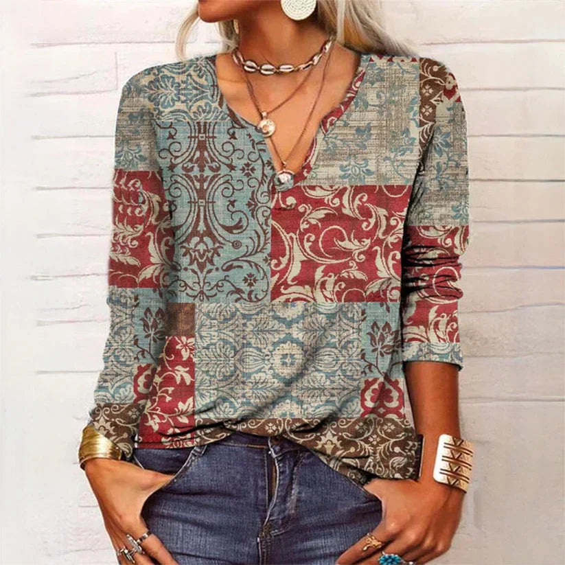 Light & stylish women's grey airy V-neck summer blouse with short sleeves & loose fit for casual or office wear.