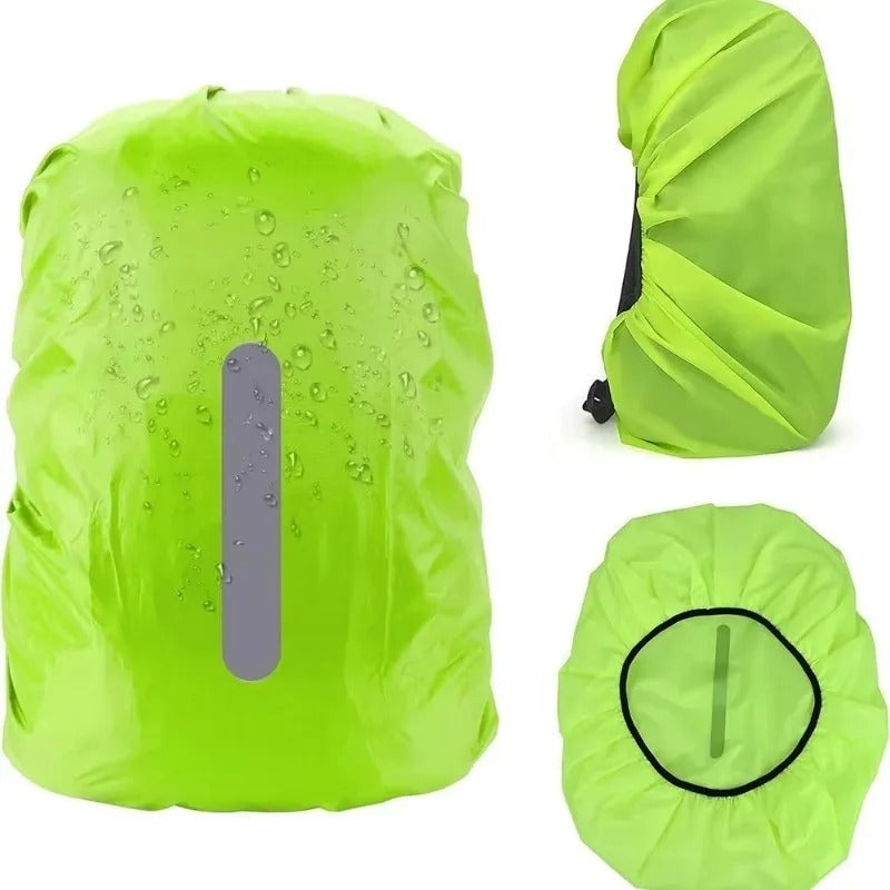 Reflective strips on a waterproof backpack cover glowing, enhancing safety for night hiking or commuting.