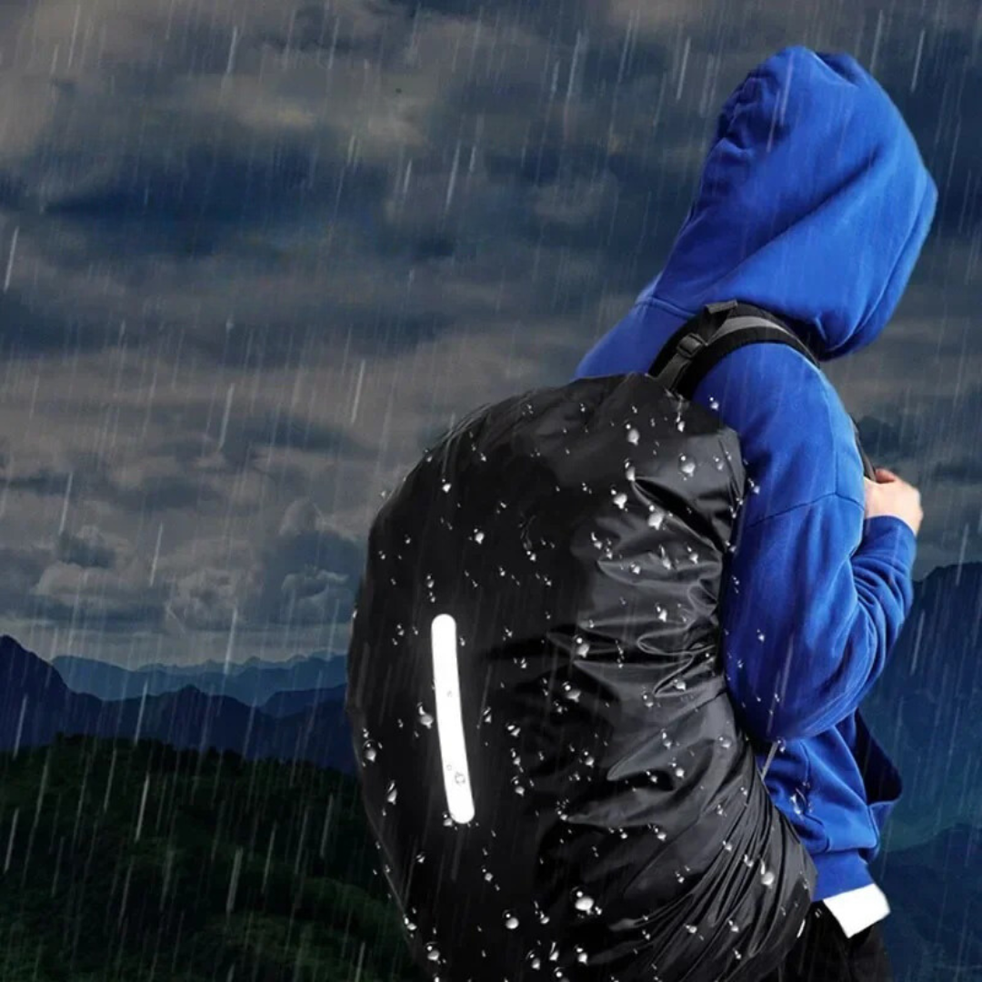 Reflective outdoor gear: a waterproof backpack rain cover, enhancing safety in low light.