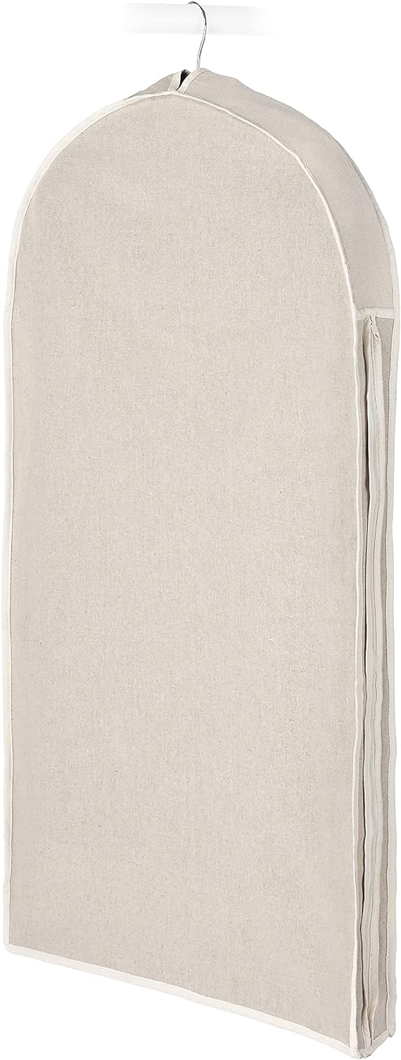 Linen dust-proof garment bag with zipper, perfect for protecting suits, dresses, and clothing storage.