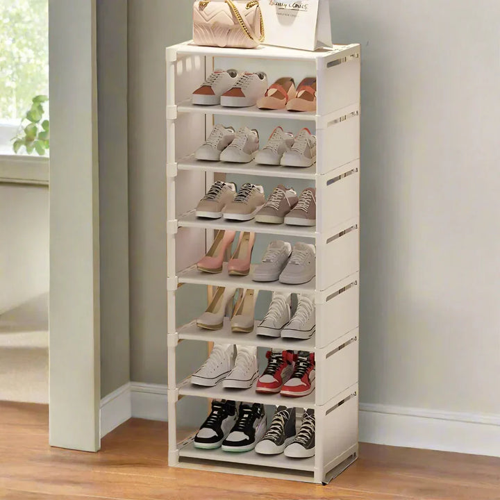 Liora 8-tier space-saving metal frame shoe rack with non-woven fabric shelves, perfect for entryway storage.