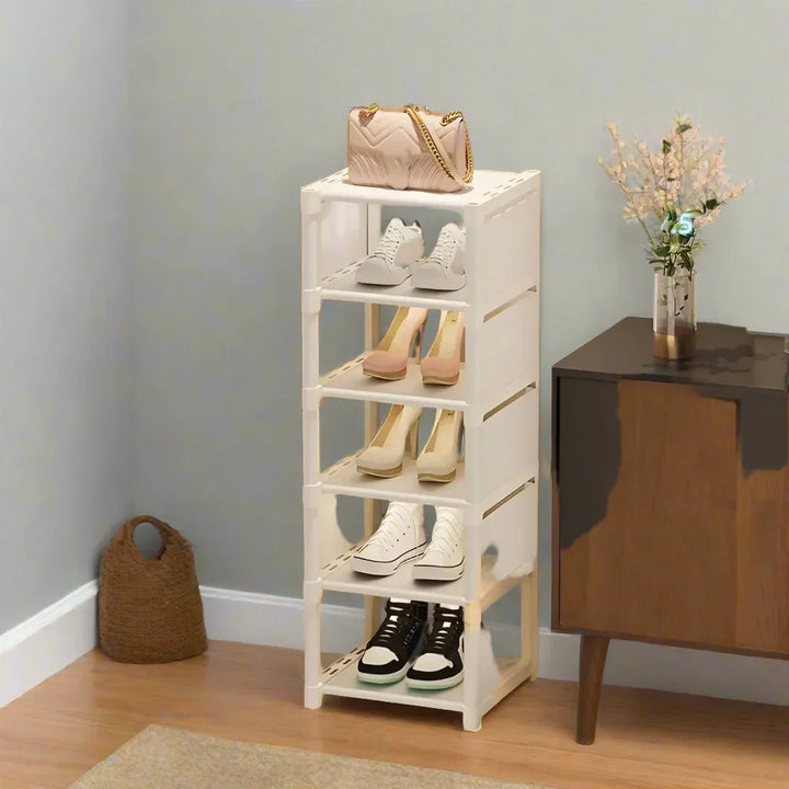 Compact 6-shelf Liora metal shoe rack, ideal for dorm room organization and small spaces.