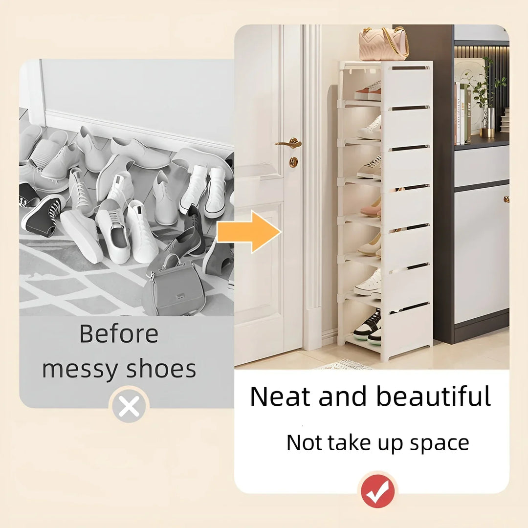 Stylish Liora 8-tier shoe rack with a minimalist metal frame and beige fabric shelves, for modern homes.