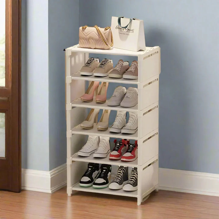 Portable Liora 6-shelf shoe storage unit, metal frame, and fabric tiers, great for decluttering entryways.