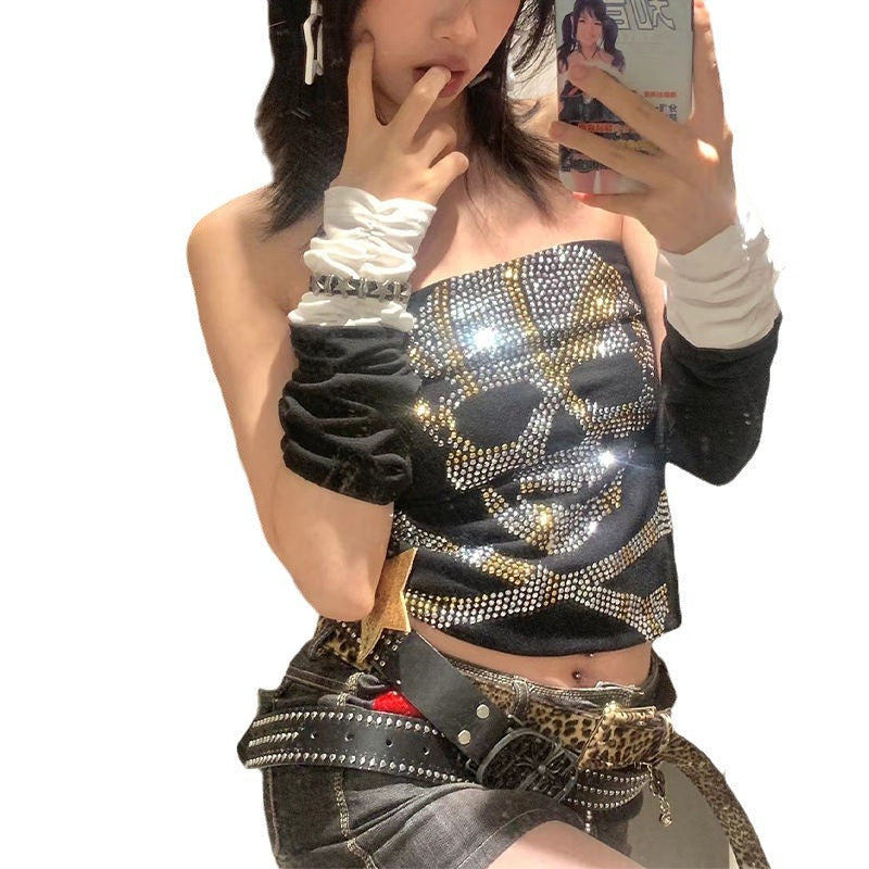 Slim fit black women's top with an eye-catching rhinestone skeleton design, unique edgy party fashion.