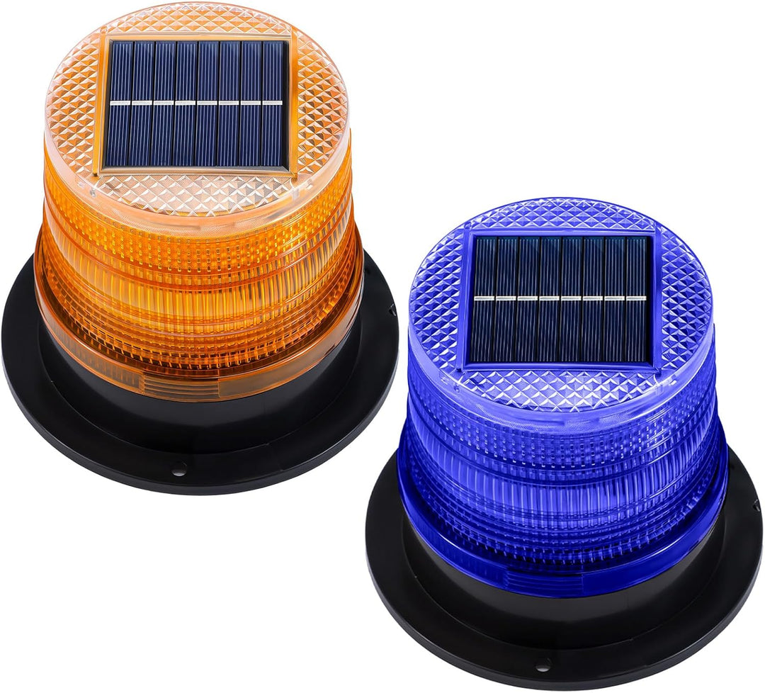 Solar-powered amber and blue magnetic strobe light set for emergency safety and outdoor warning