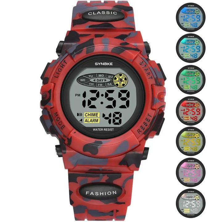 Close-up of Livano children's digital watch with bright LED display, time visible