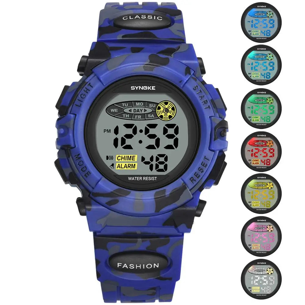 Purple Livano kids' digital LED watch with stopwatch feature, durable silicone strap