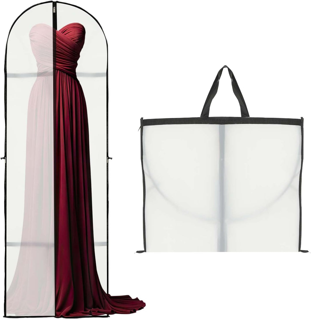 Long garment storage cover for wedding dresses & formal wear. Dust protector for closet organization.