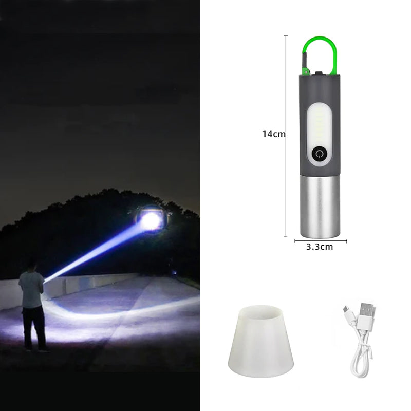Close-up of LumaZoom zoomable LED flashlight, showcasing its durable design for outdoor use.