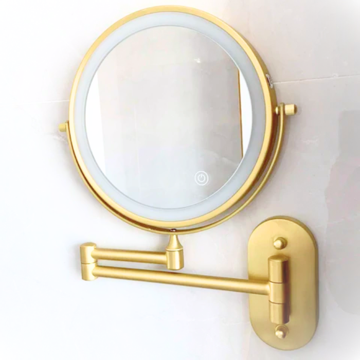 Rechargeable LED makeup mirror by LumiAura, showing touch control interface and bright illumination.