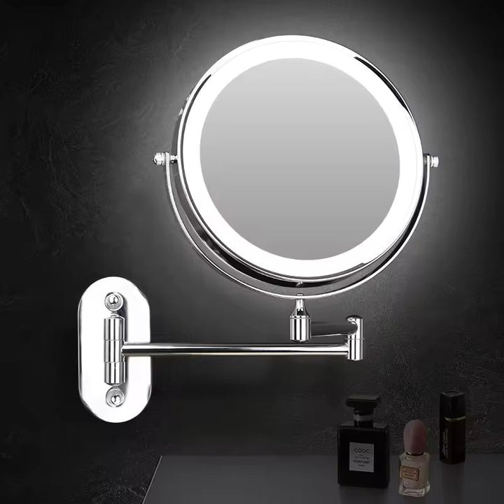 Close-up of the LumiAura magnifying makeup mirror, showcasing its clear reflection and LED lighting.