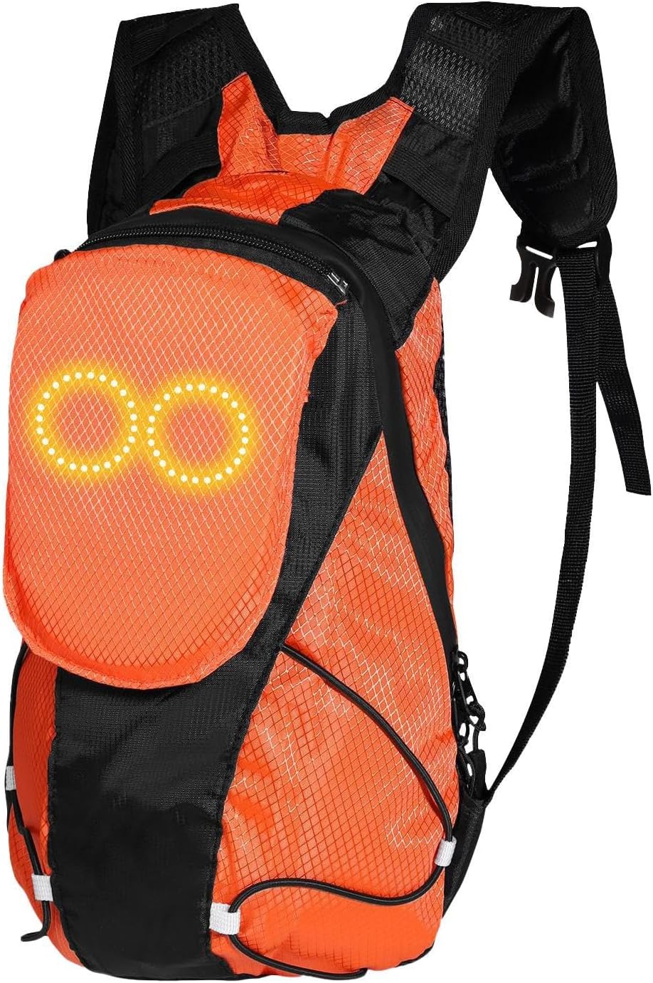 Luminous LED motorcycle backpack for night safety, glowing in darkness for riders and cyclists.
