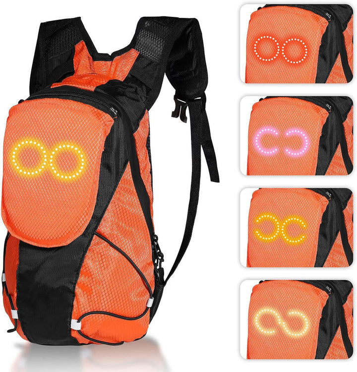 Close-up of LED panel on a motorcycle backpack, displaying a luminous safety signal.