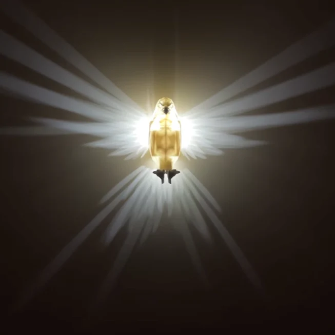 Pair of LumaWings wall lamps creating a symmetrical display, avian design, elegant home lighting.