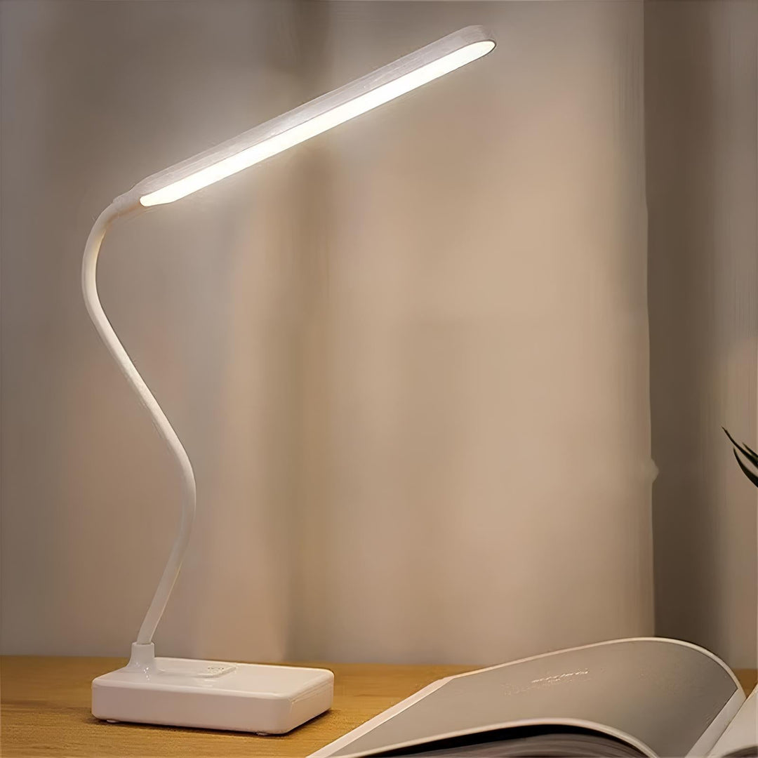 Desk lamp with flexible neck, featuring dimmable LED light for comfortable reading