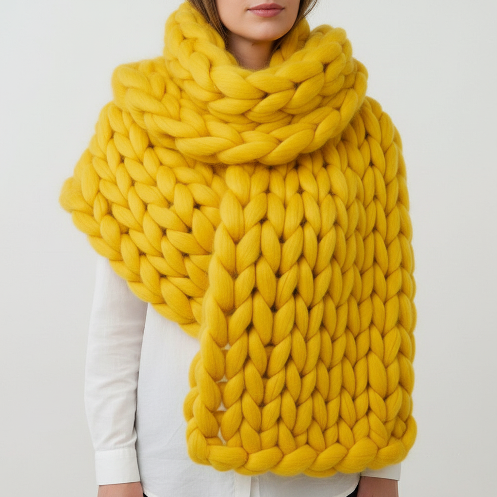 DIY chunky knit sweater made from luxurious wool yarn, showcasing its comfortable and stylish appeal.