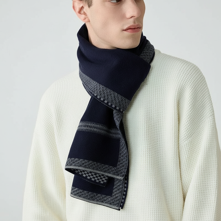 Men's cozy cashmere blend scarf in a stylish plaid pattern, draped, perfect for cold weather fashion